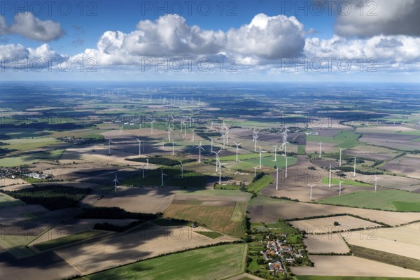 Germany, Europe, Saxony-Anhalt, Goldbeck, district of Stendal, wind power, wind turbine, environment, landscape, aerial view, many, weather, clouds, cumulus