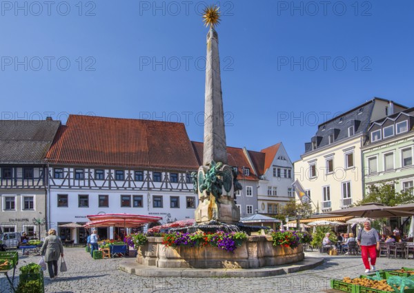Luitpold Fountain on the market square in the old town centre, beer town Kulmbach, Main Valley, Upper Franconia, Franconia, Bavaria, Germany
