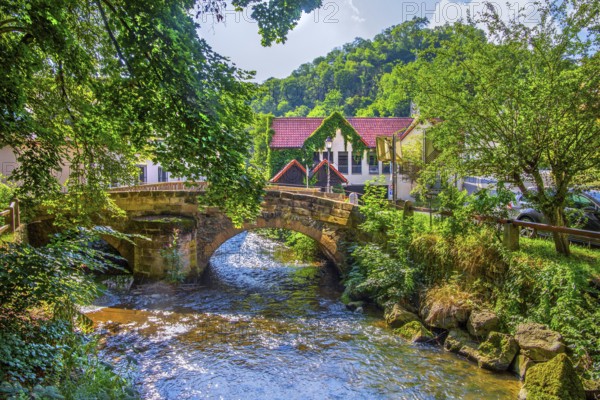 Historic stone bridge in the town centre, Wirsberg, Schorgast valley, Upper Franconia, Franconia, Bavaria, Germany