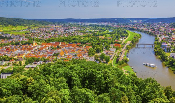View of the town and the Danube from the Liberation Hall, Kelheim, Danube Valley, Lower Bavaria, Bavaria, Germany