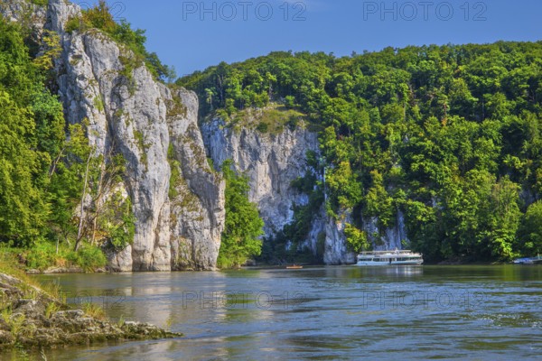 Danube Gorge at Weltenburg Monastery with excursion boat, Kelheim, Danube Valley, Lower Bavaria, Bavaria, Germany