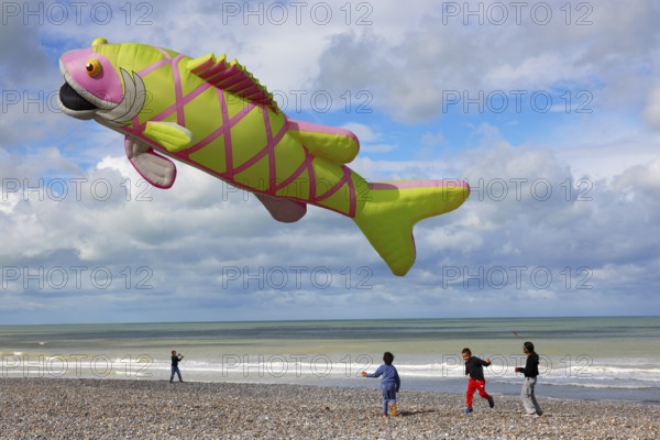 Kite festival on the beach, international kite festival, kite in the shape of a fish, Dieppe, Normandy, France