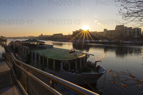 Prague, Botel, Danube, sunrise, hotel ship, water, skyline, mood