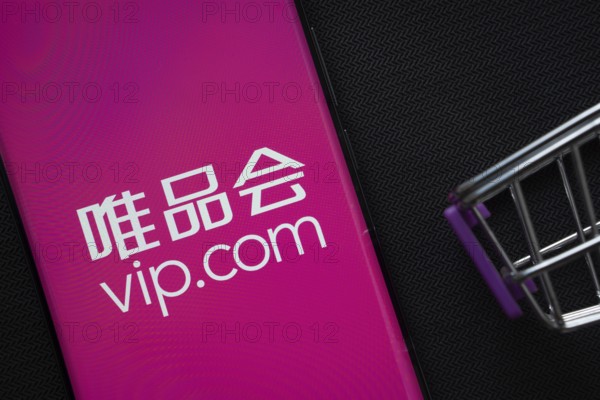 Dhaka, Bangladesh- 03 July 2025: A smartphone displaying the vip.com logo next to a miniature shopping cart on a background