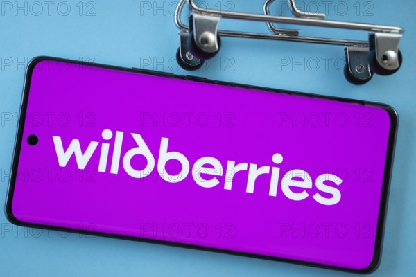 Dhaka, Bangladesh- 03 July 2025: Smartphone screen showing the Wildberries logo with shopping cart wheels on a blue background