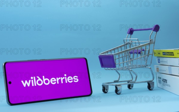 Dhaka, Bangladesh- 03 July 2025: Smartphone with Wildberries logo next to a small shopping cart and boxes against a blue background