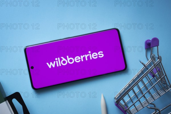Dhaka, Bangladesh- 03 July 2025: Smartphone displaying Wildberries logo with shopping cart on a blue background