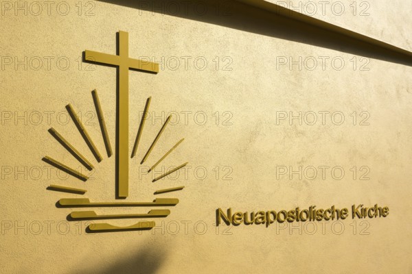 New Apostolic Church, facade with logo and lettering, Coburg, Upper Franconia, Franconia, Bavaria, Germany