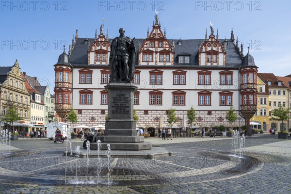 Prince Albert monument in front of the town hall, late Renaissance, market square, Coburg, Upper Franconia, Franconia, Bavaria, Germany