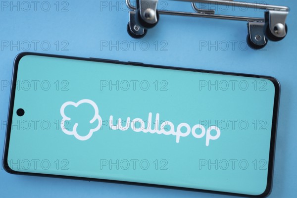 Dhaka, Bangladesh- 03 July 2025: Smartphone screen showing the Wallapop logo with shopping cart wheels on a blue background
