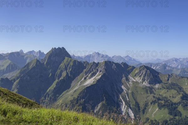 Mountain panorama from Laufbacher-Eckweg to Höfats, 2259m, Allgäu Alps, Allgäu, Bavaria, Germany