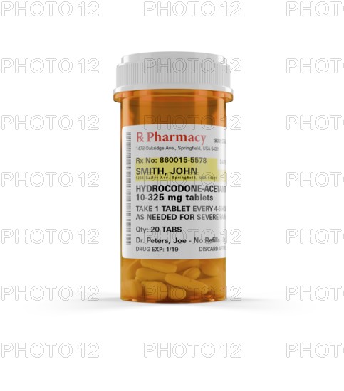 Hydrocodone prescription medicine bottle and pills isolated on a white background. the label is non-proprietary - fictional - made specifically for the stock photo industry