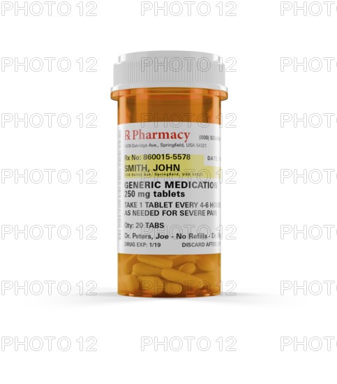 Generic medication prescription medicine bottle and pills isolated on a white background. the label is non-proprietary - fictional - made specifically for the stock photo industry