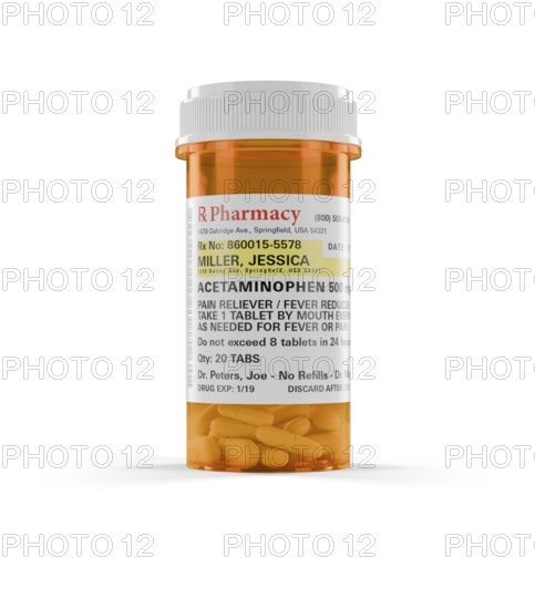 Acetaminophen prescription medicine bottle and pills isolated on a white background. the label is non-proprietary - fictional - made specifically for the stock photo industry