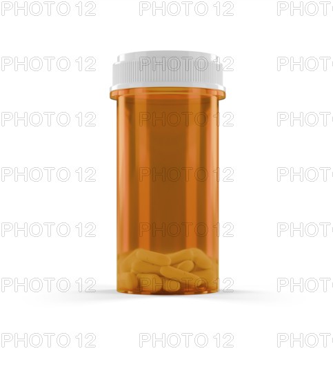 Blank prescription medicine bottle and pills isolated on a white background