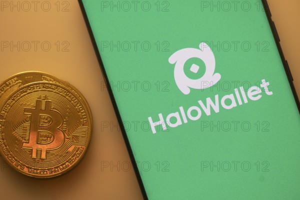 A Bitcoin and HaloWallet logo on a green screen representing cryptocurrency