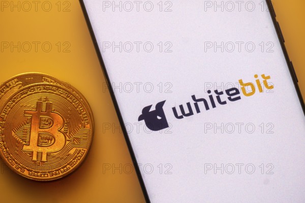 A Bitcoin coin next to a WhiteBIT logo on a white background