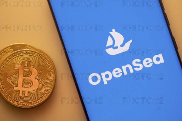 A Bitcoin coin next to an OpenSea logo on a blue background