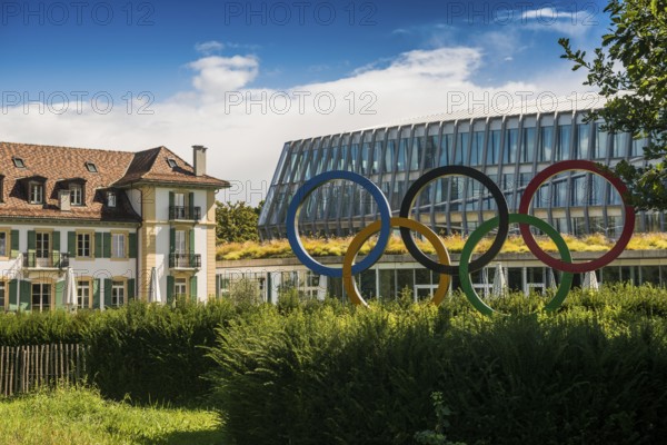 Olympic rings, headquarters of the International Olympic Committee, IOC, Lausanne, Switzerland