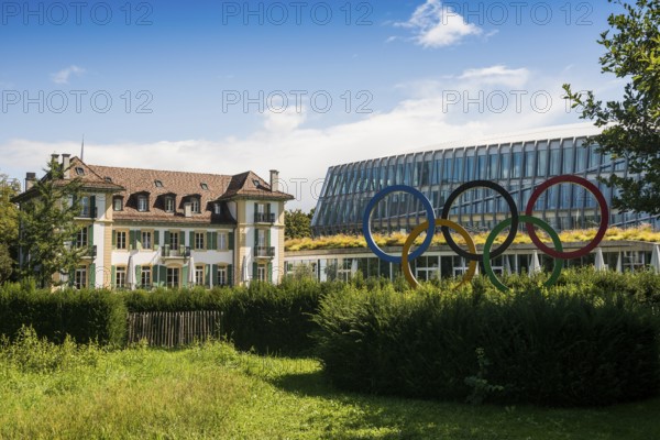Olympic rings, headquarters of the International Olympic Committee, IOC, Lausanne, Switzerland
