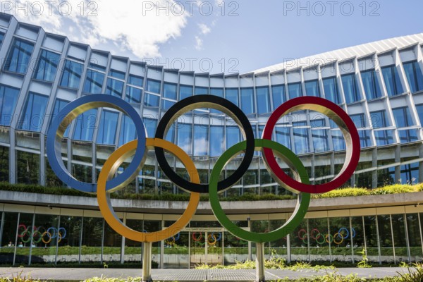 Olympic rings, headquarters of the International Olympic Committee, IOC, Lausanne, Switzerland