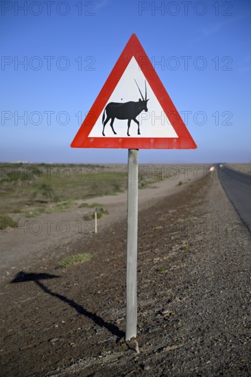 Beware of oryx antelopes (Oryx gazella) sign on a road near Oranjemund, Diamond Sperrgebiet, Karas Region, Namibia