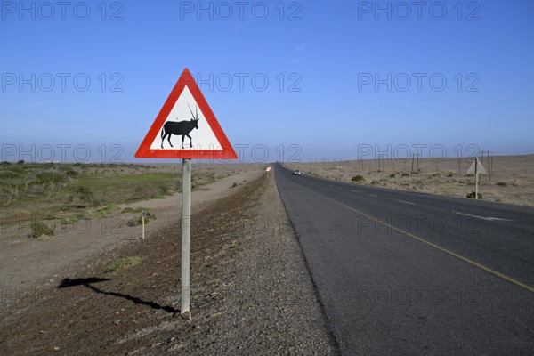 Beware of oryx antelopes (Oryx gazella) sign on a road near Oranjemund, Diamond Sperrgebiet, Karas Region, Namibia