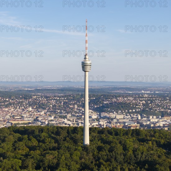 The television tower towers over a city surrounded by forests, under an expansive sky, Stuttgart, Baden-Württemberg, Germany