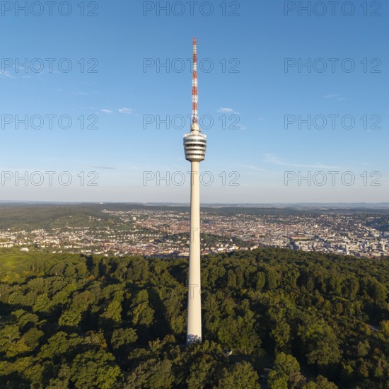 A tall television tower rises above a forest landscape under a clear blue sky, Stuttgart, Baden-Württemberg, Germany