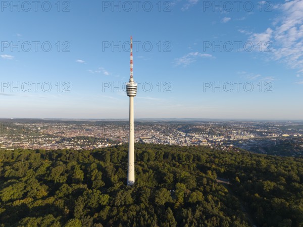 The television tower rises above a wooded landscape and an expansive city view, Stuttgart, Baden-Württemberg, Germany