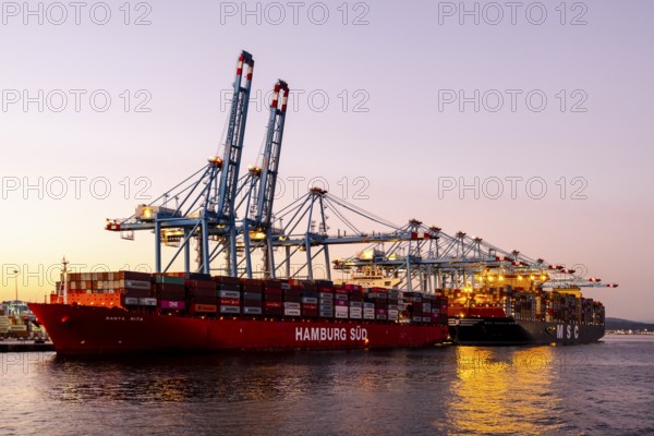 Gibraltar, UK - December 26, 2023: Container ship in the port during sunset