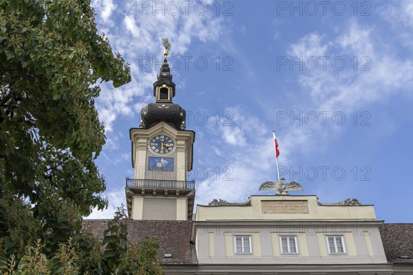 Historic building with tower and clock under a blue sky, City Hall Old Town Linz Upper Austria Austria