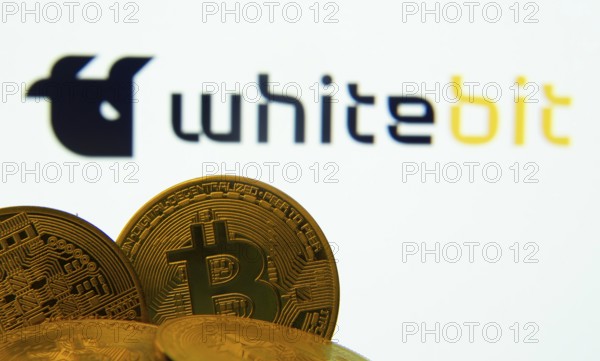 Dhaka, Bangladesh- 03 Sep 2025: Close-up of Bitcoin coins with the whitebit logo visible on a screen in the background