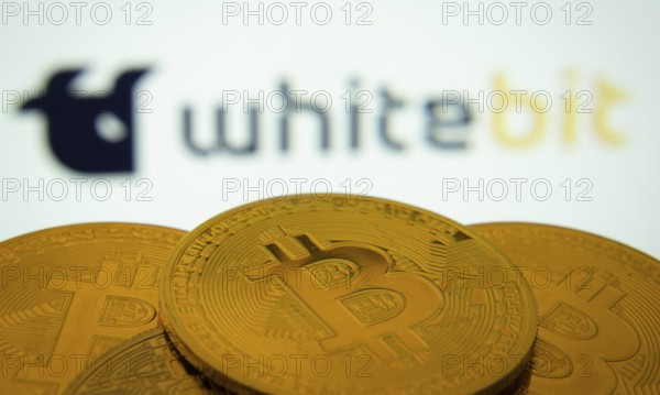 Dhaka, Bangladesh- 03 Sep 2025: Close-up of Bitcoin coins with the whitebit logo visible on a screen in the background