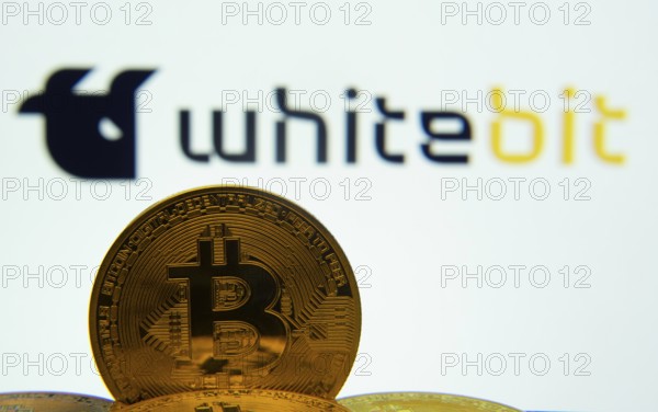 Dhaka, Bangladesh- 03 Sep 2025: Close-up of Bitcoin coins with the whitebit logo visible on a screen in the background