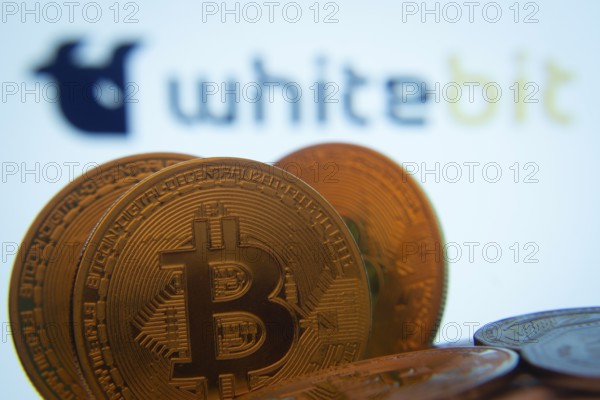 Dhaka, Bangladesh- 03 Sep 2025: Close-up of Bitcoin coins with the whitebit logo visible on a screen in the background
