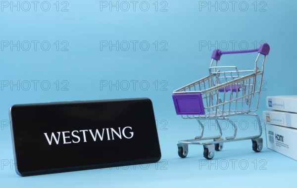 Dhaka, Bangladesh- 03 July 2025: Smartphone with Westwing logo next to a small shopping cart and boxes against a blue background