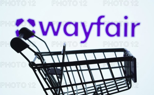 Dhaka, Bangladesh- 03 July 2025: Silhouette of a shopping cart in front of the Wayfair logo, symbolizing ecommerce and online shopping