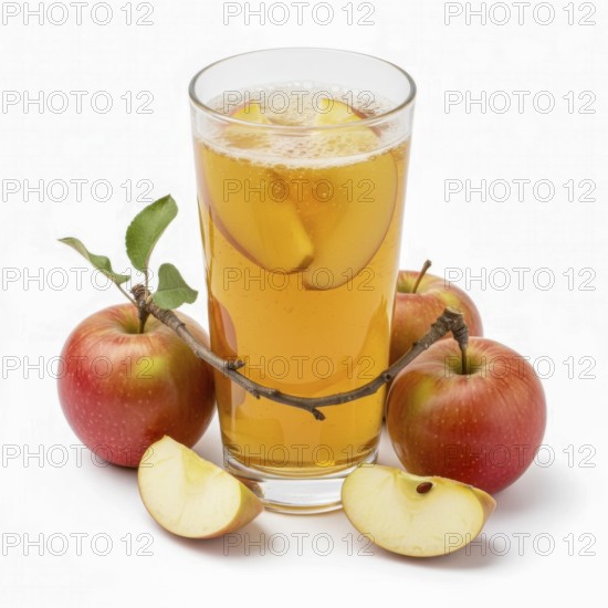 A glass of apple juice is surrounded by fresh red apples and apple slices, creating a vibrant and healthy scene, perfect for promoting wellness, AI generated