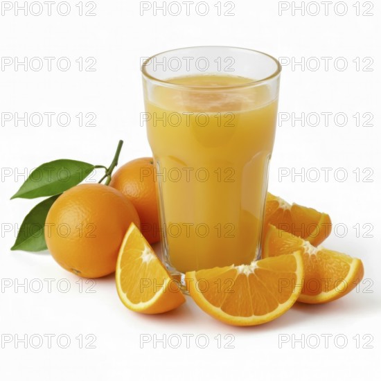 A refreshing glass of orange juice is surrounded by fresh oranges and orange slices, perfect for a healthy breakfast or snack. The vibrant colors pop against the clean white backdrop, AI generated