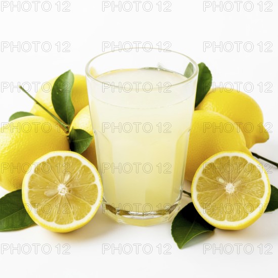 A vibrant image showcasing a glass of freshly squeezed lemonade surrounded by ripe lemons and green leaves, perfect for summer, AI generated