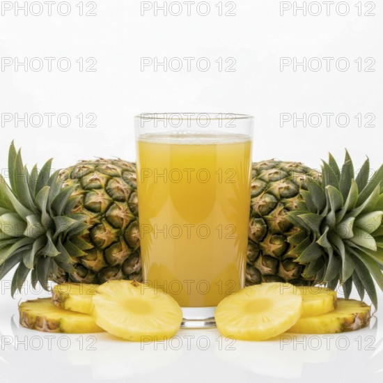 A refreshing glass of pineapple juice is surrounded by whole pineapples and sliced pieces, perfect for a healthy breakfast or tropical drink, AI generated