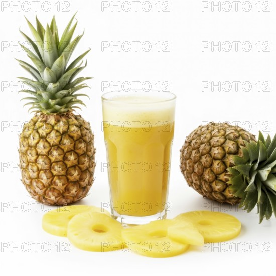 A vibrant image showcasing a glass of freshly squeezed pineapple juice alongside whole pineapples and sliced fruit, all set against a clean white backdrop, AI generated