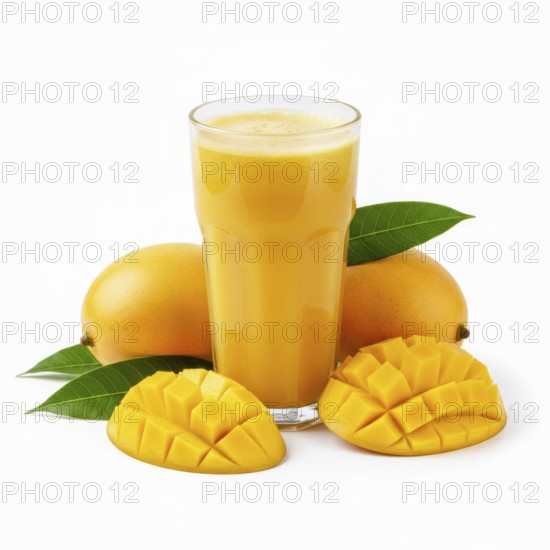 A vibrant image showcases a glass of fresh mango juice alongside whole and sliced mangoes, complemented by green leaves, all set against a clean white backdrop, AI generated