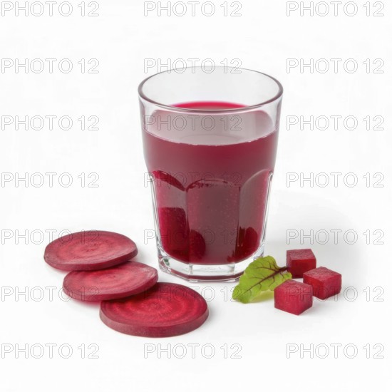 A refreshing glass of vibrant beetroot juice is presented alongside sliced beets and small cubes, with a fresh green leaf, all set against a clean white backdrop, AI generated