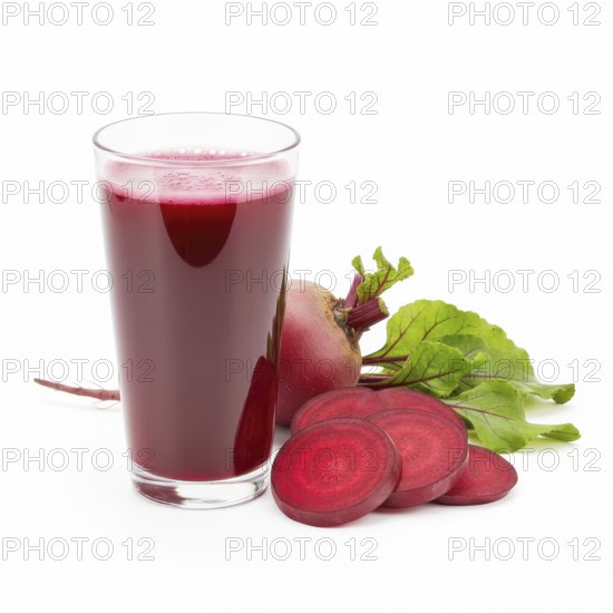 A refreshing glass of vibrant red beetroot juice is presented alongside sliced and whole beets, showcasing a healthy and natural beverage, AI generated