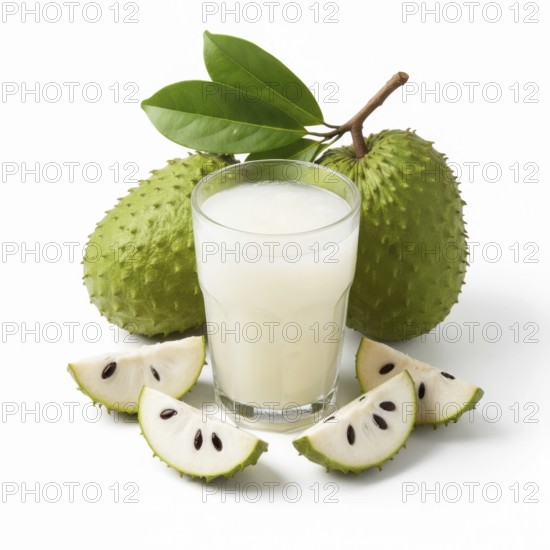 A refreshing glass of soursop juice is surrounded by the exotic fruit and its slices, showcasing a healthy and delicious beverage, AI generated