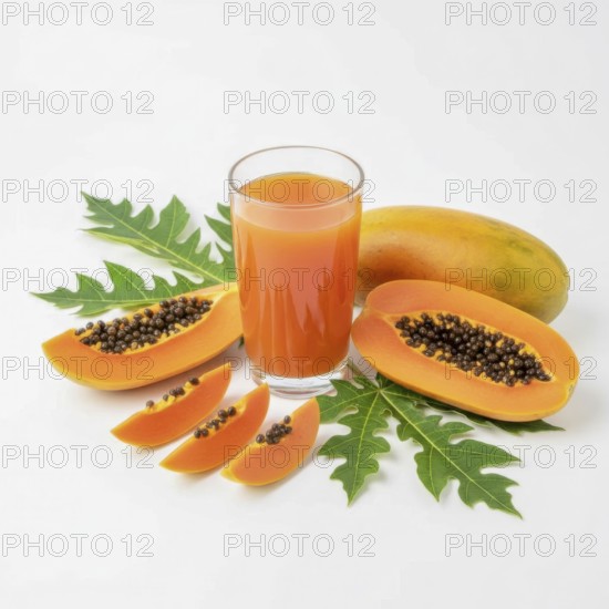 A refreshing glass of papaya juice is presented alongside sliced papaya fruit and vibrant green leaves, all set against a clean white backdrop, AI generated