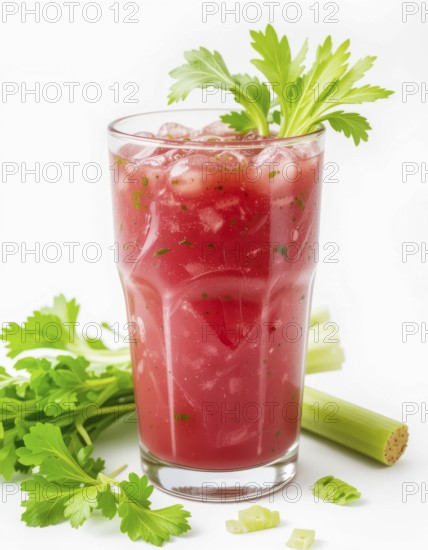 A vibrant Bloody Mary, a classic cocktail, is presented in a tall glass, garnished with fresh celery and herbs, set against a clean white backdrop, AI generated