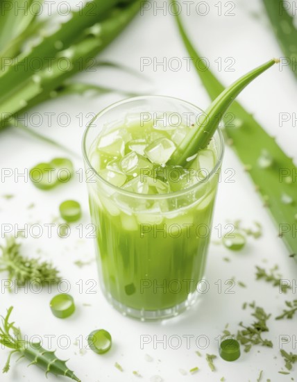 A close-up shot showcases a glass of vibrant green aloe vera juice, garnished with fresh aloe vera leaves and ice cubes, on a white surface, AI generated